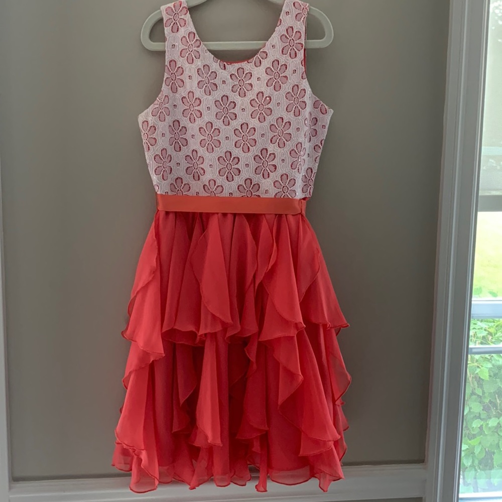 Gorgeous Girls’ Coral Layered Bottom & Cream Floral Sequin Top Dress Sz 10 & 14